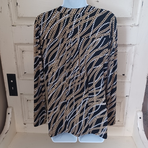 MICHAEL KORS Black Gold White Zipper Chain Link Print 3/4 Ruched Sleeve Top, M - Picture 8 of 8